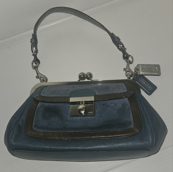 Coach Y2K Vintage Satchel Bag Blue Leather Suede Kiss Lock RARE Limited Edition - Picture 7 of 17